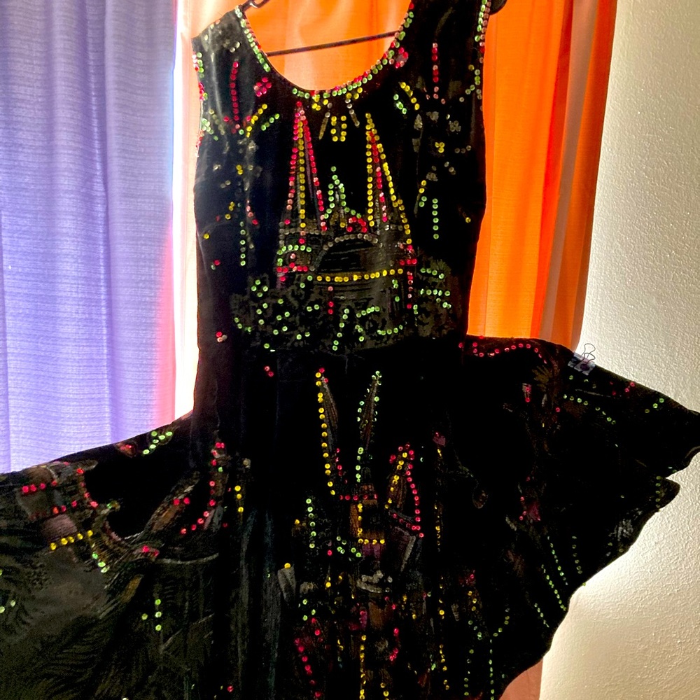 1950’s hand painted Mexican dress. Has flaws. Sequin city, fans out with spins!